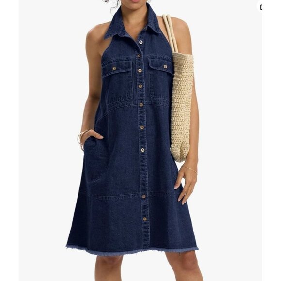 Locachy Halter Denim Dress Womens Large Blue New Sleeveless Pockets - Picture 1 of 8